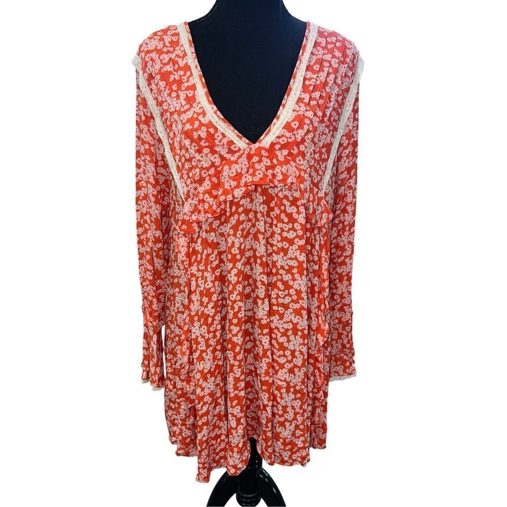 Free People Medium Tunic Top Babydoll Shirt Dress Floral Orange boho cottagecore
